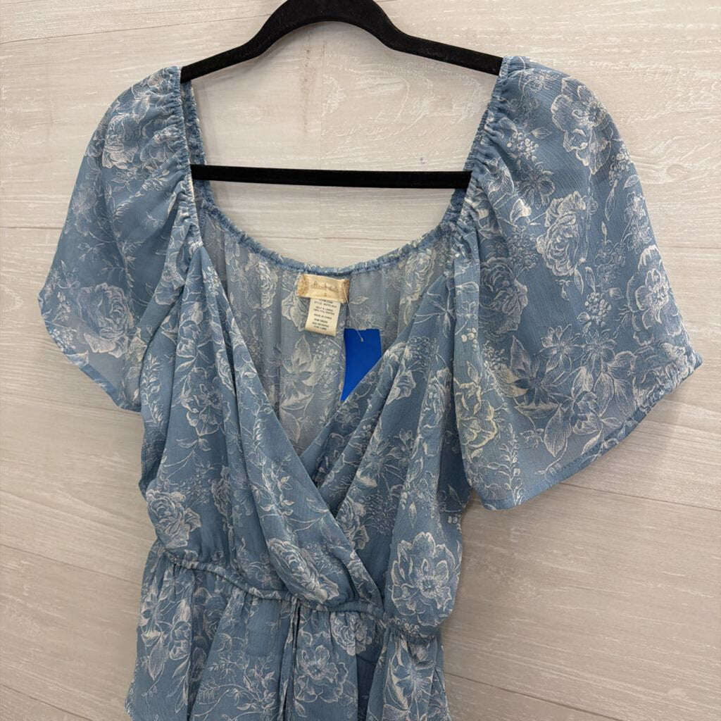 Altar'd State Blue Floral Print Short Sleeve Tiered Dress Small