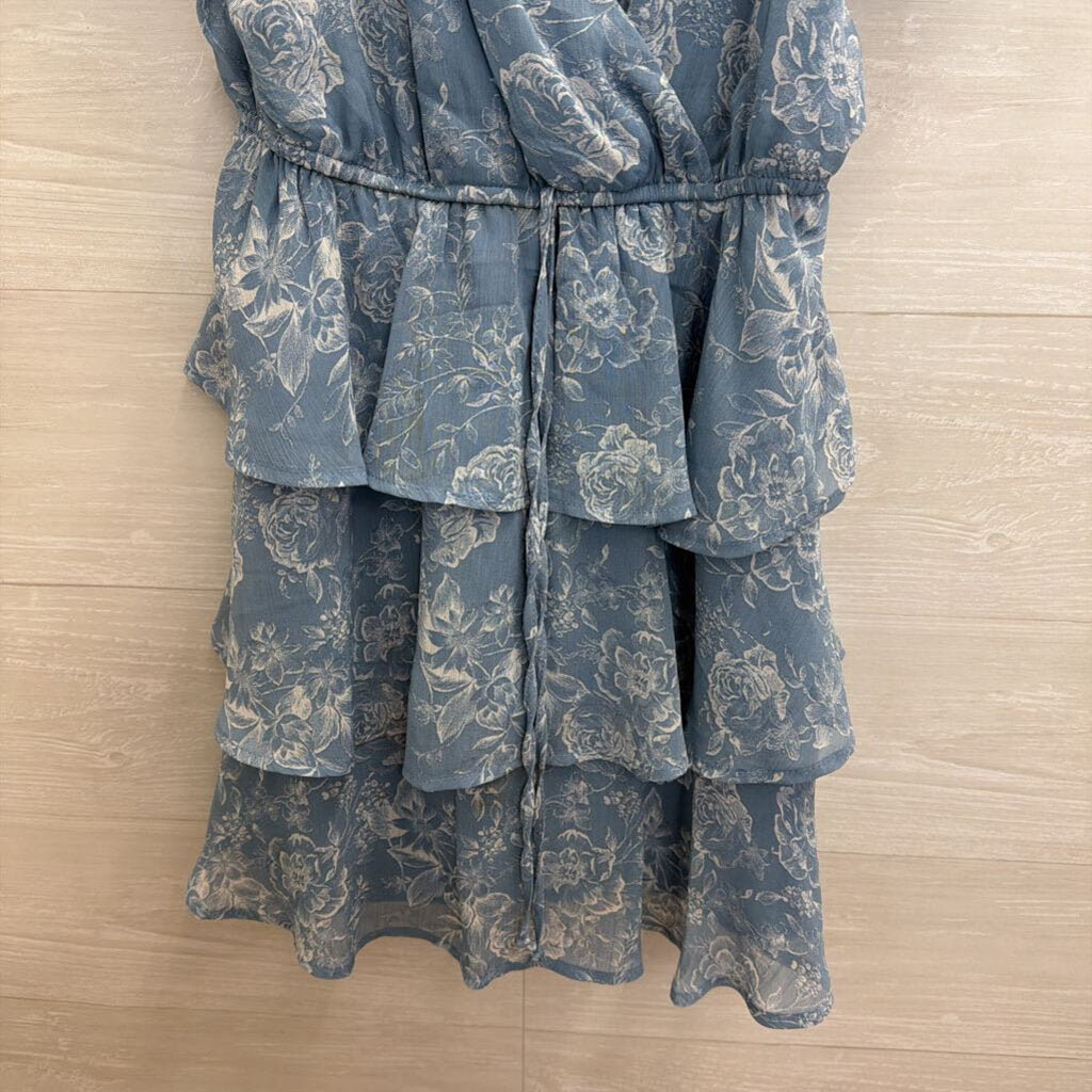 Altar'd State Blue Floral Print Short Sleeve Tiered Dress Small
