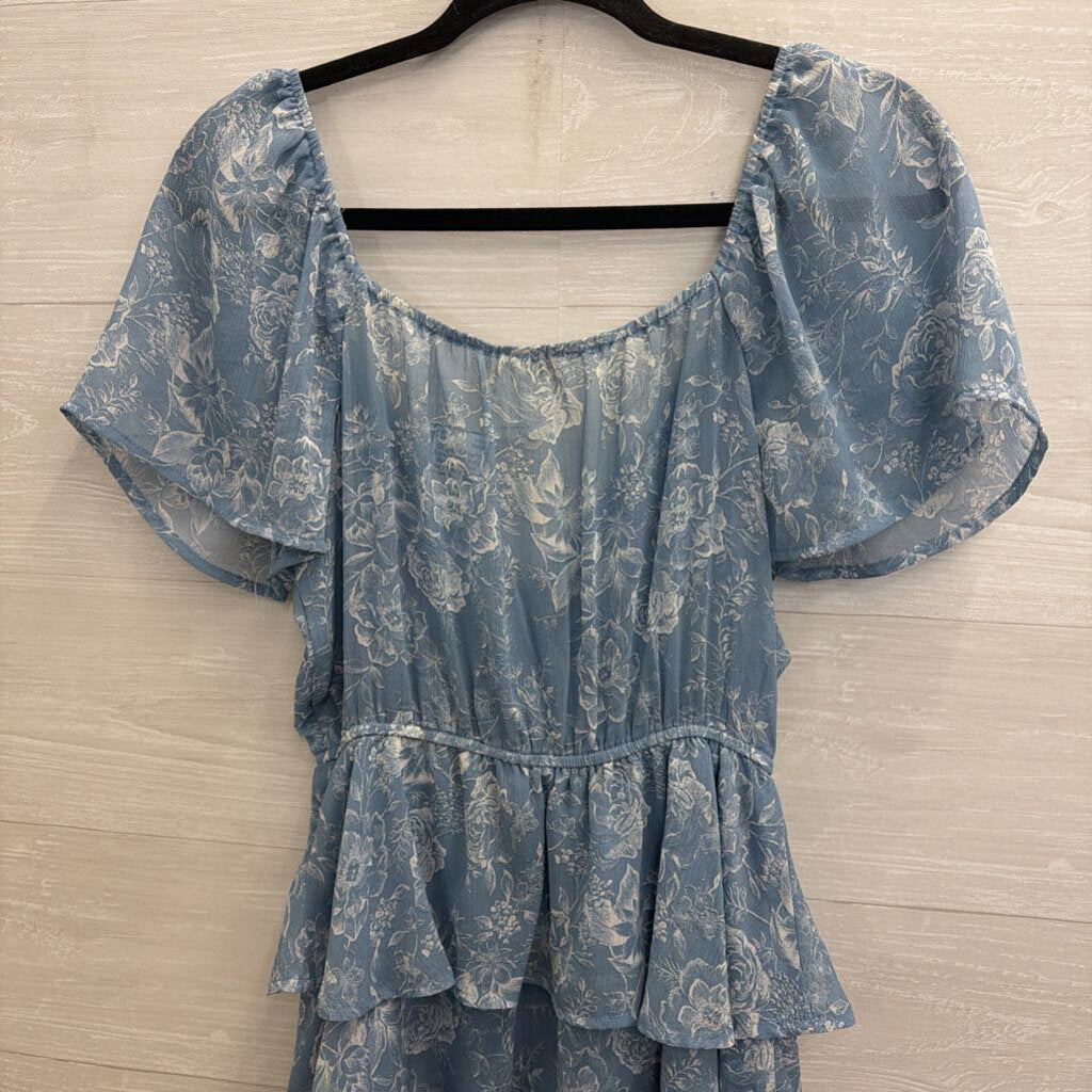 Altar'd State Blue Floral Print Short Sleeve Tiered Dress Small