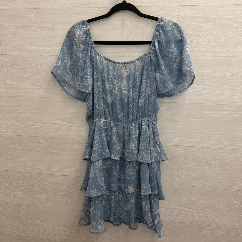 Altar'd State Blue Floral Print Short Sleeve Tiered Dress Small