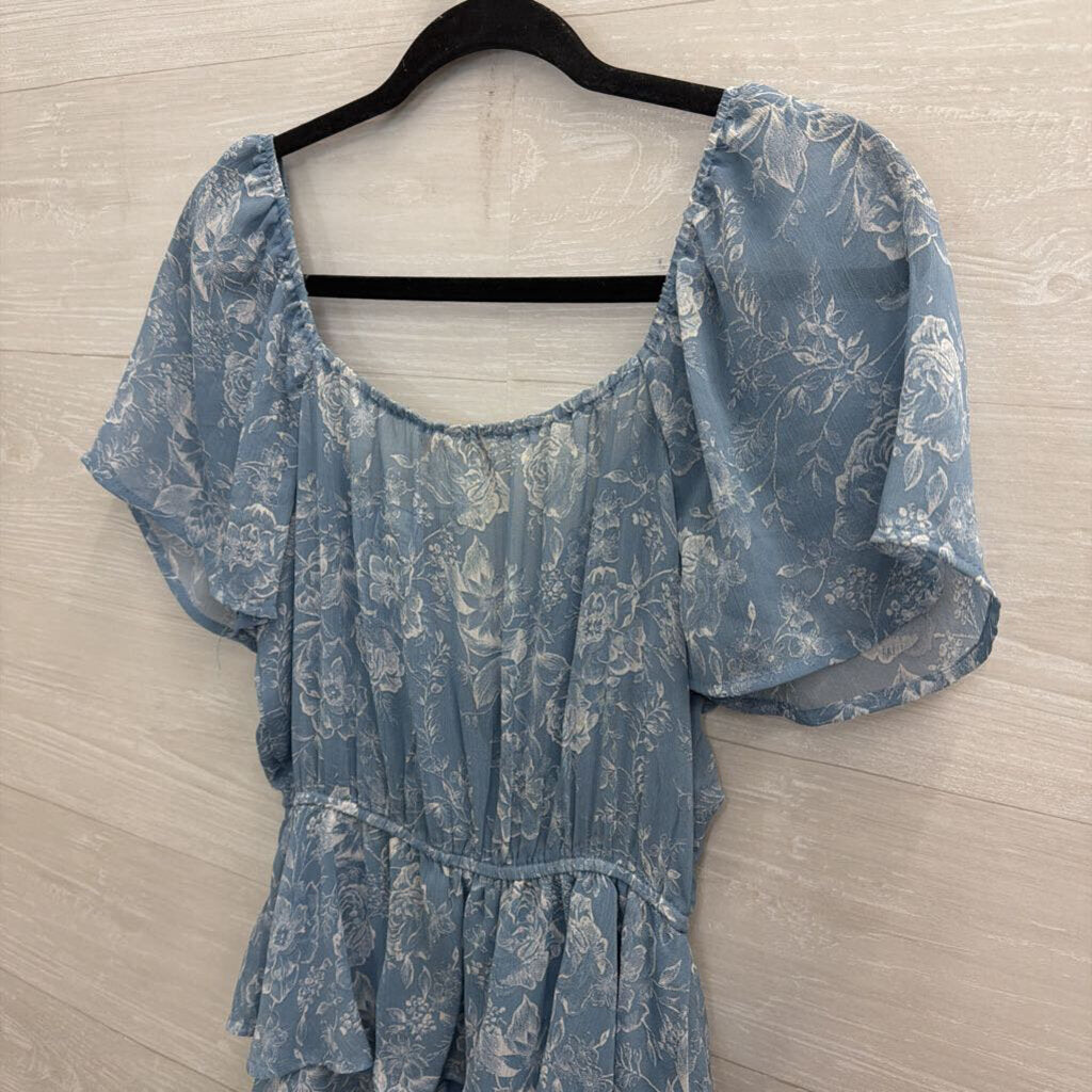 Altar'd State Blue Floral Print Short Sleeve Tiered Dress Small