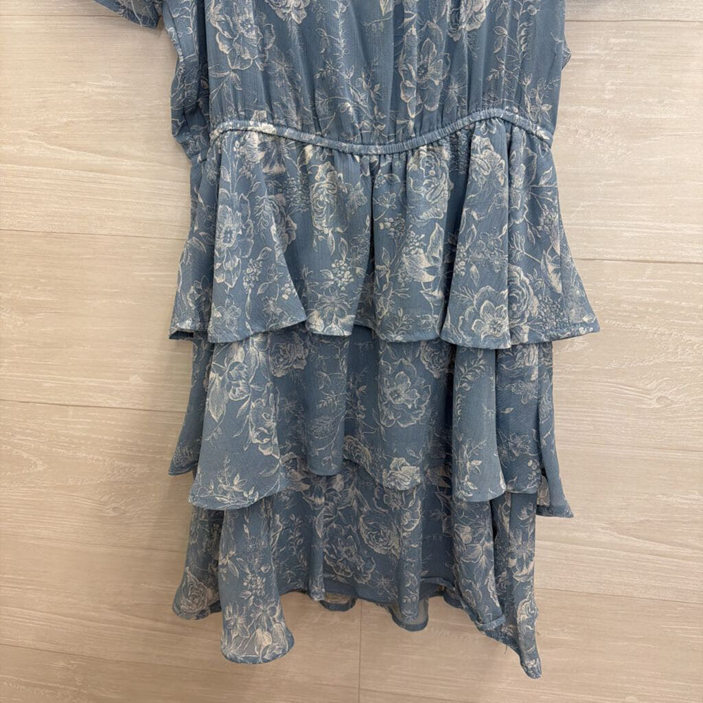 Altar'd State Blue Floral Print Short Sleeve Tiered Dress Small