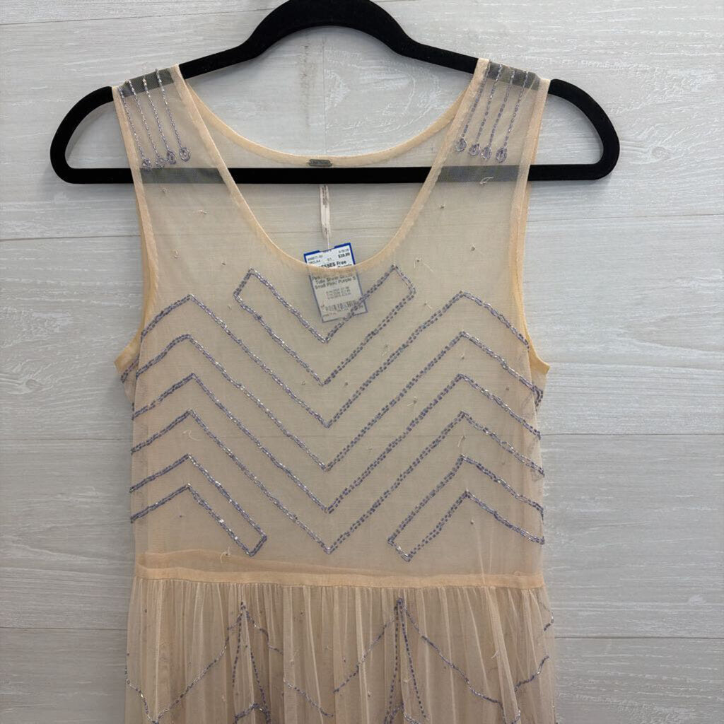 Free People Pink/ Purple Beaded Tulle Sheer Dress Small