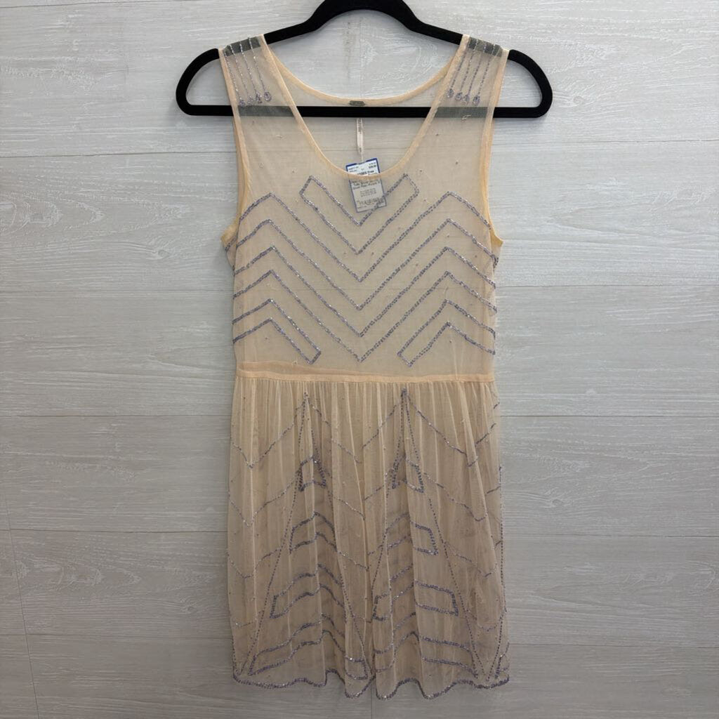 Free People Pink/ Purple Beaded Tulle Sheer Dress Small