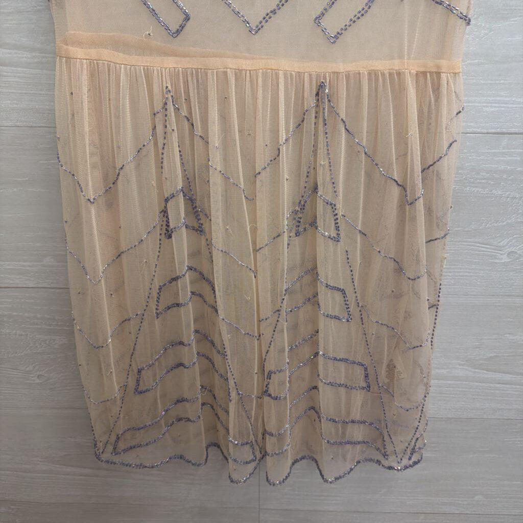 Free People Pink/ Purple Beaded Tulle Sheer Dress Small