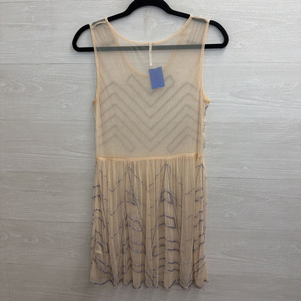 Free People Pink/ Purple Beaded Tulle Sheer Dress Small