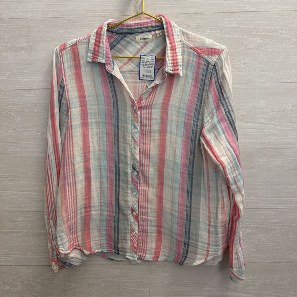 Dylan Pink/ Blue Striped Long Sleeve Button Down Top Small