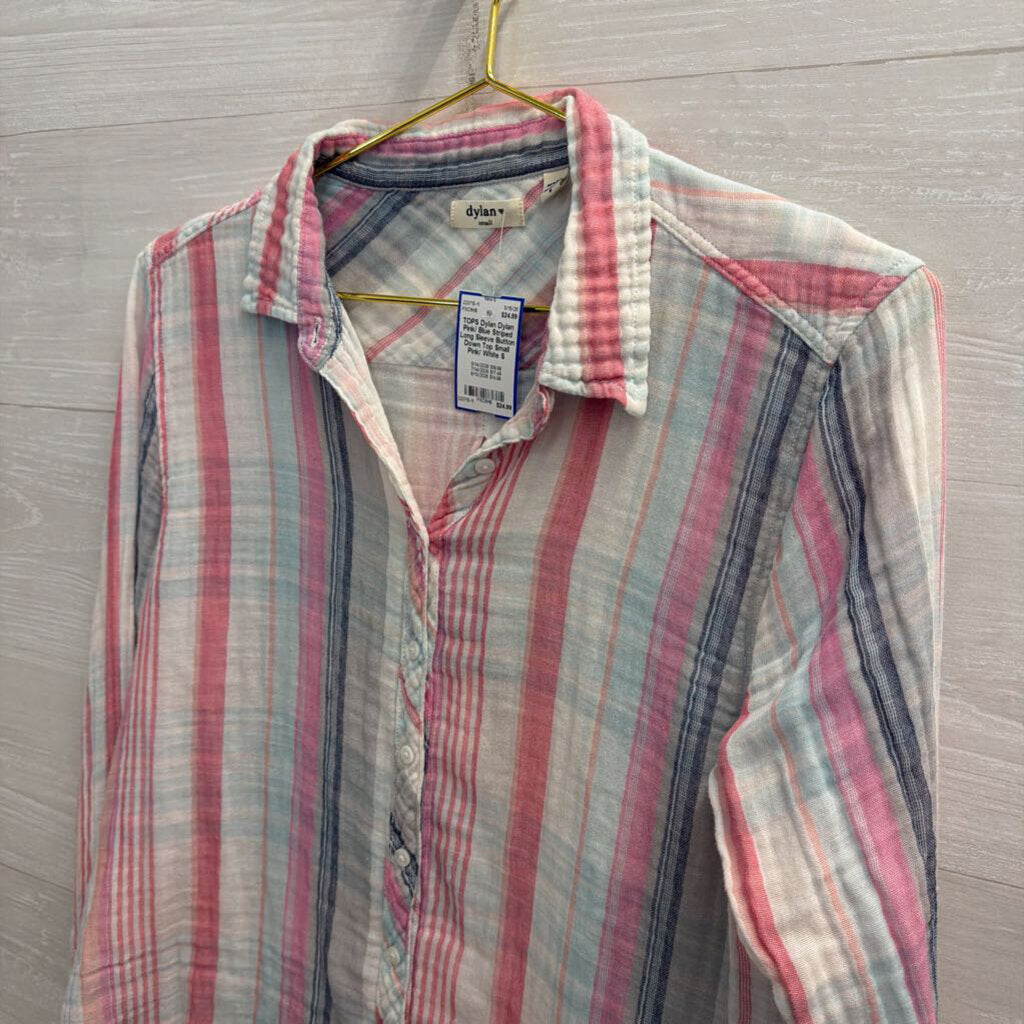 Dylan Pink/ Blue Striped Long Sleeve Button Down Top Small