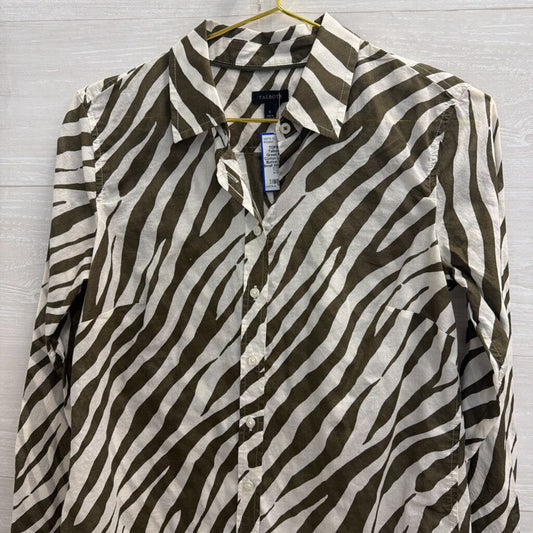 Talbots White/ Green Print 100% Cotton Long Sleeve Button Down Top Small