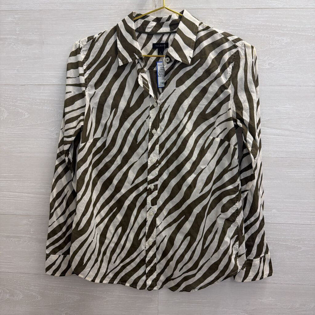 Talbots White/ Green Print 100% Cotton Long Sleeve Button Down Top Small