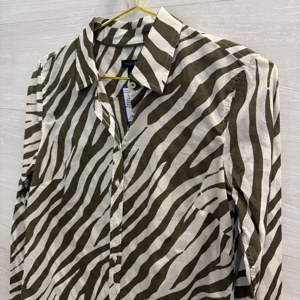 Talbots White/ Green Print 100% Cotton Long Sleeve Button Down Top Small