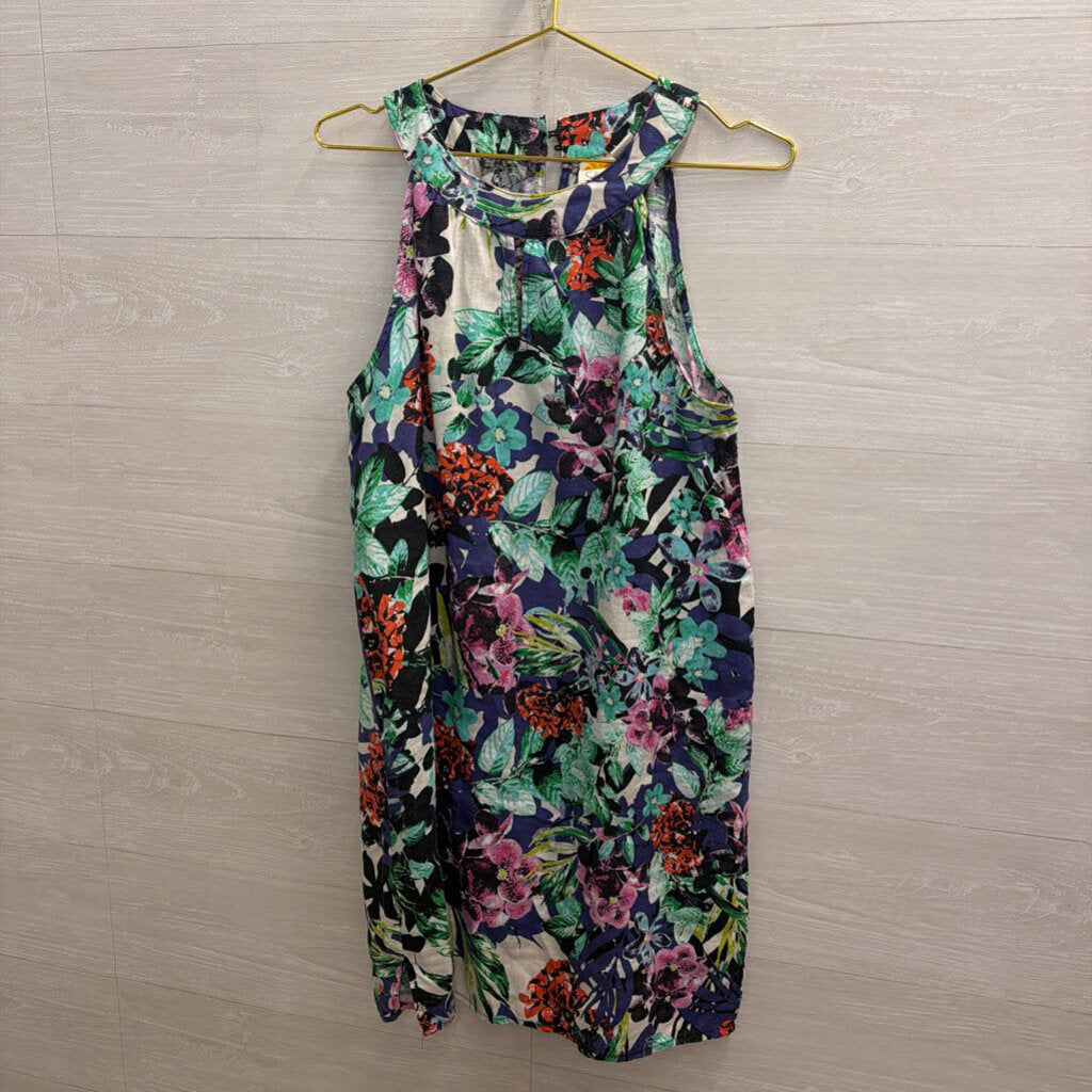 C and C California Blue/ Multi Floral Print 100% Linen Sleeveless Dress Medium