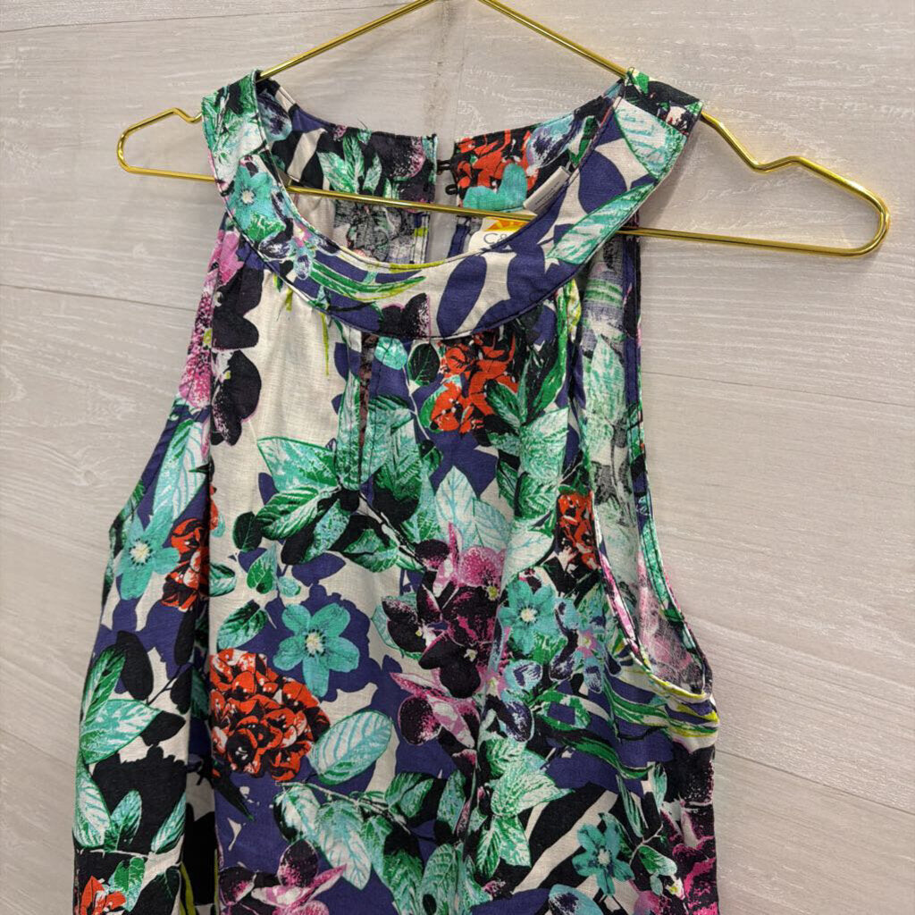 C and C California Blue/ Multi Floral Print 100% Linen Sleeveless Dress Medium