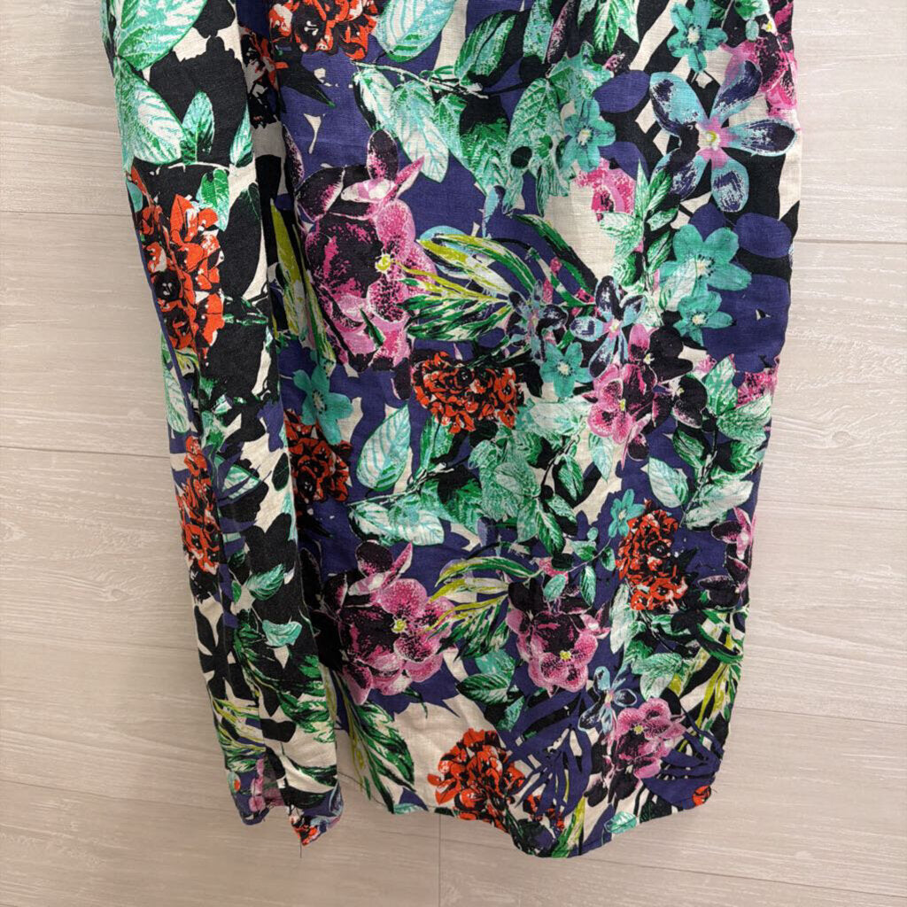 C and C California Blue/ Multi Floral Print 100% Linen Sleeveless Dress Medium