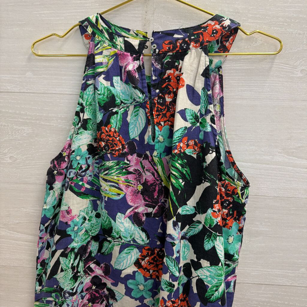 C and C California Blue/ Multi Floral Print 100% Linen Sleeveless Dress Medium