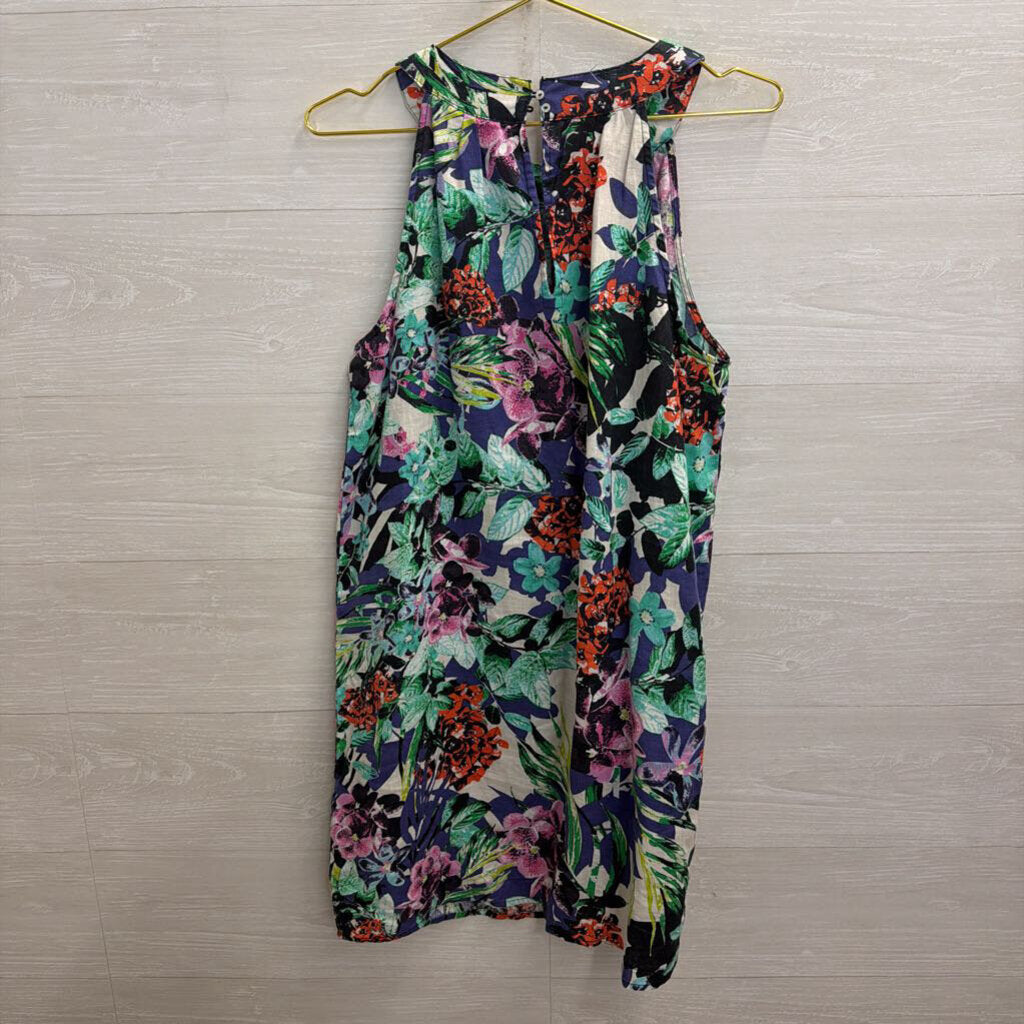 C and C California Blue/ Multi Floral Print 100% Linen Sleeveless Dress Medium