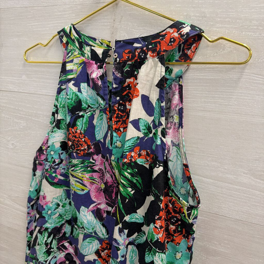 C and C California Blue/ Multi Floral Print 100% Linen Sleeveless Dress Medium