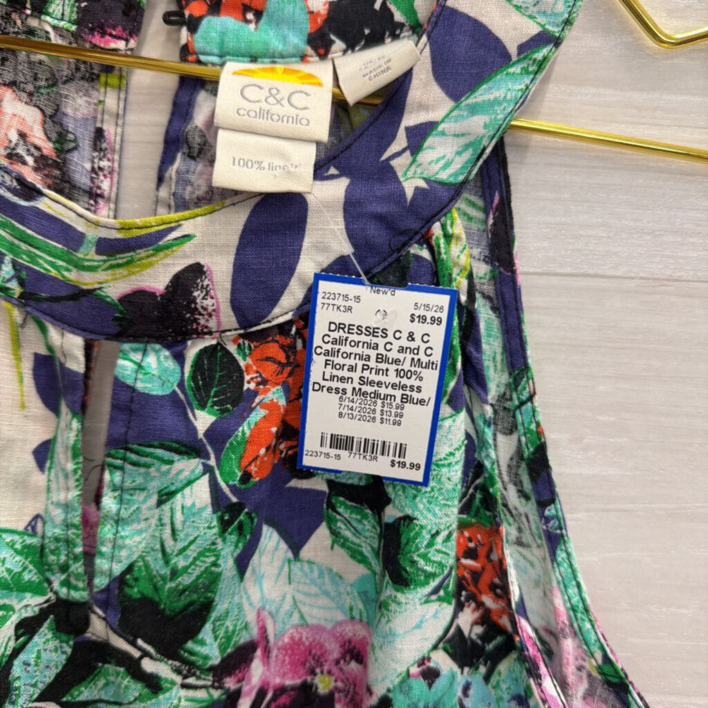 C and C California Blue/ Multi Floral Print 100% Linen Sleeveless Dress Medium