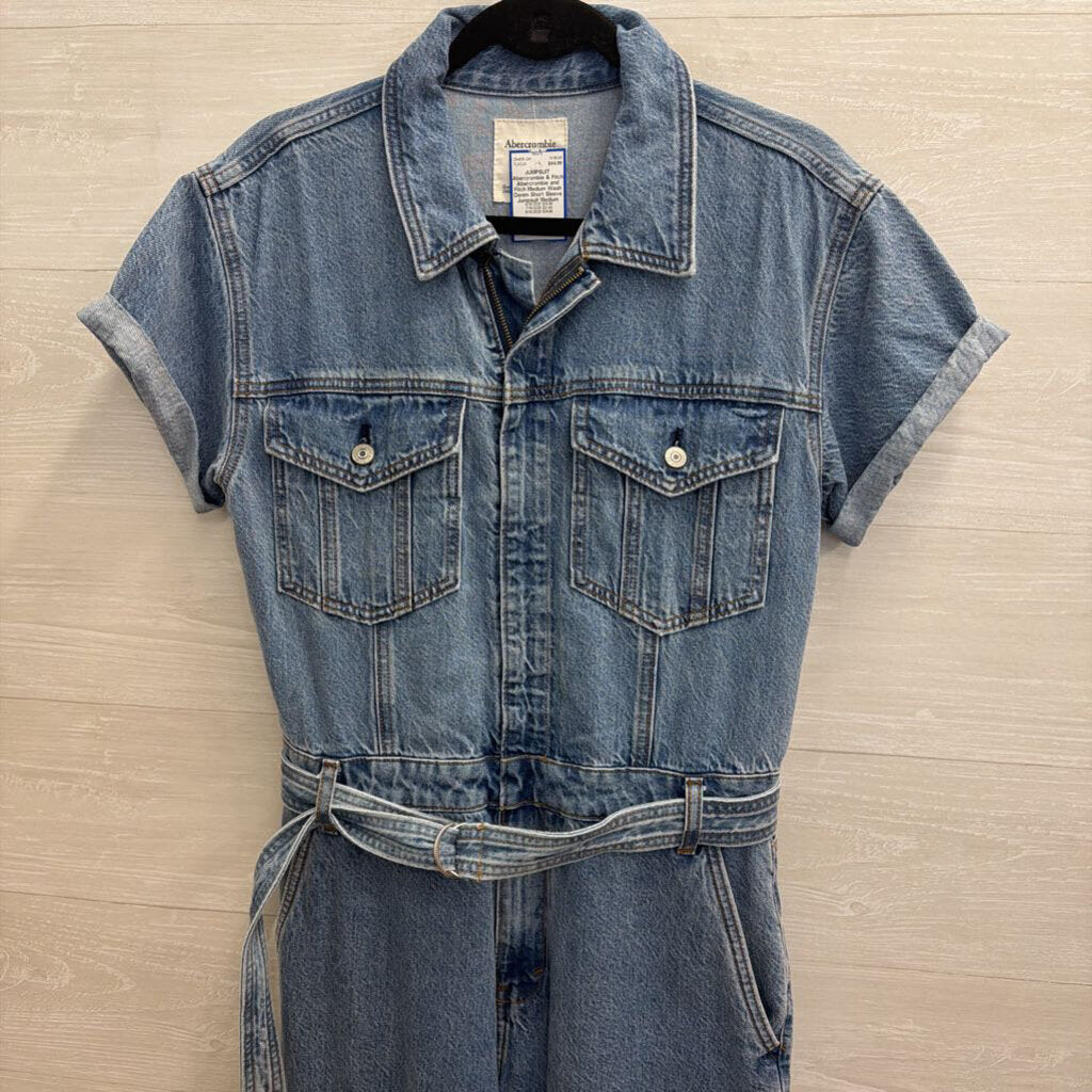 Abercrombie and Fitch Medium Wash Denim Short Sleeve Jumpsuit Medium