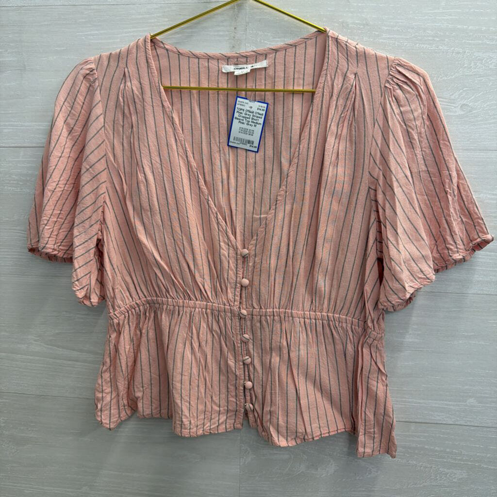 O'Neill Pink/ Grey Striped Cropped Short Sleeve Top Medium