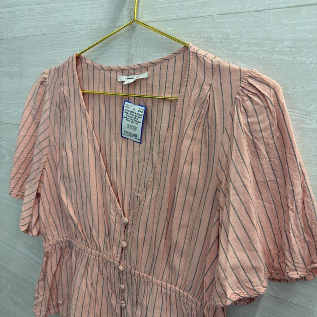 O'Neill Pink/ Grey Striped Cropped Short Sleeve Top Medium