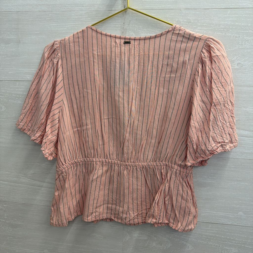 O'Neill Pink/ Grey Striped Cropped Short Sleeve Top Medium