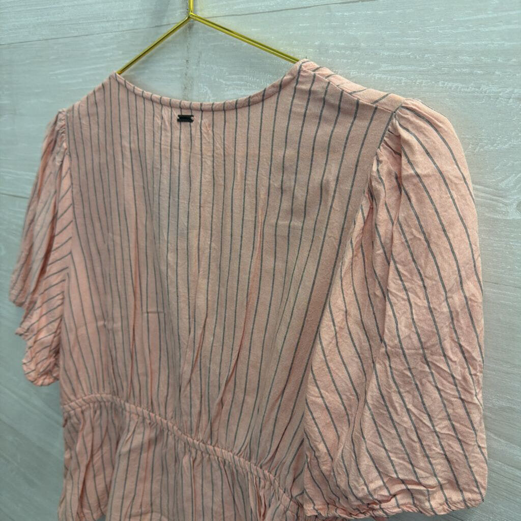 O'Neill Pink/ Grey Striped Cropped Short Sleeve Top Medium