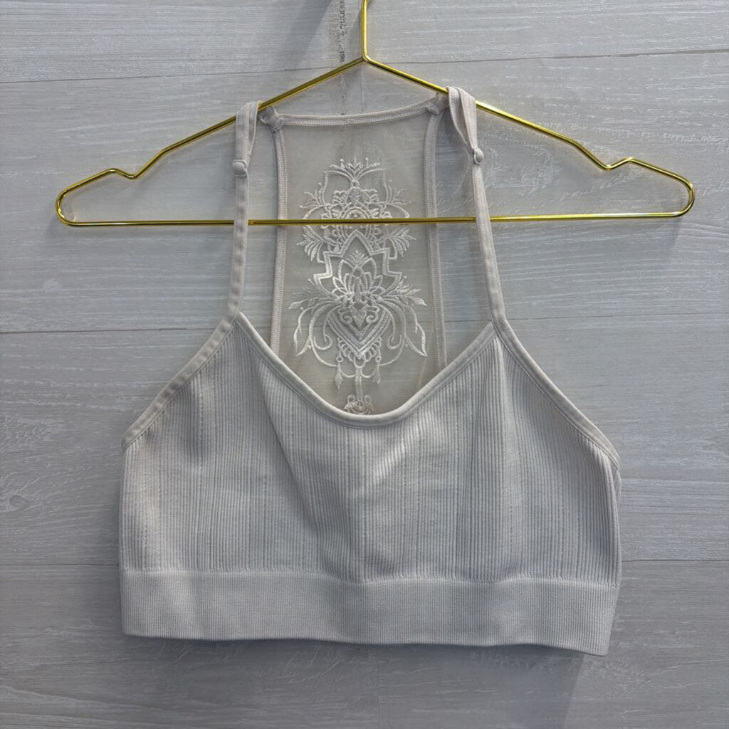 White Ribbed Embroidered Back Bralette Medium