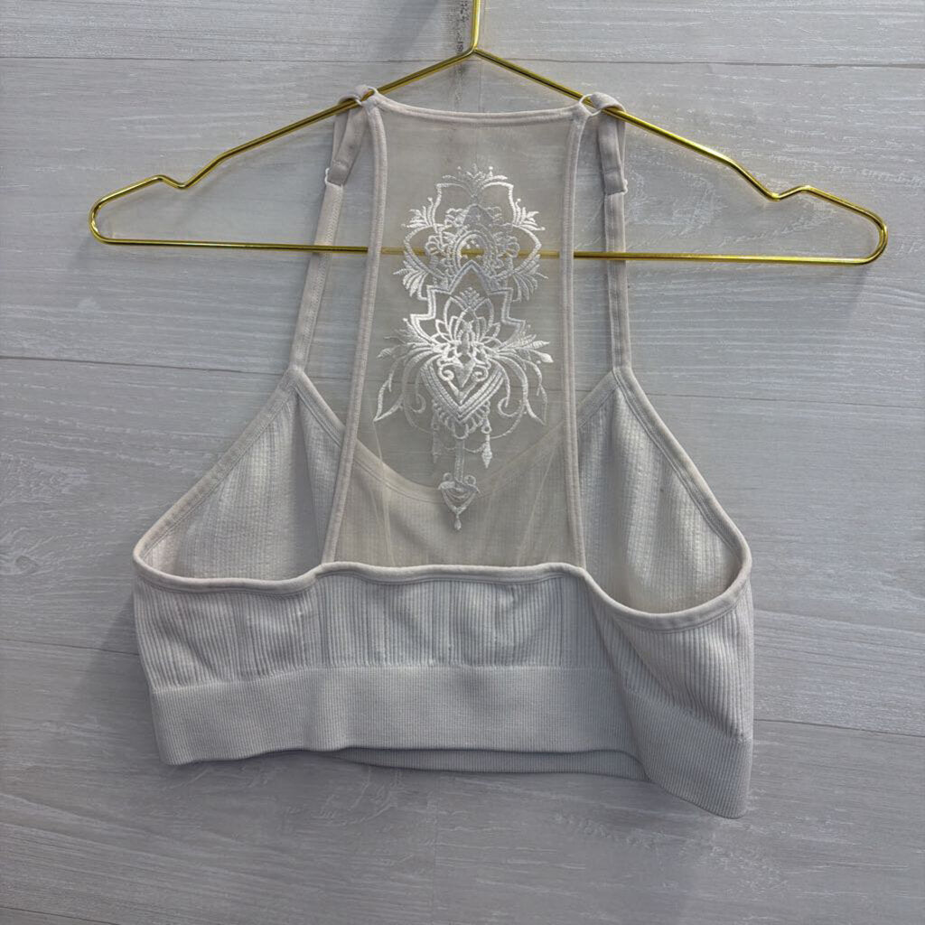 White Ribbed Embroidered Back Bralette Medium