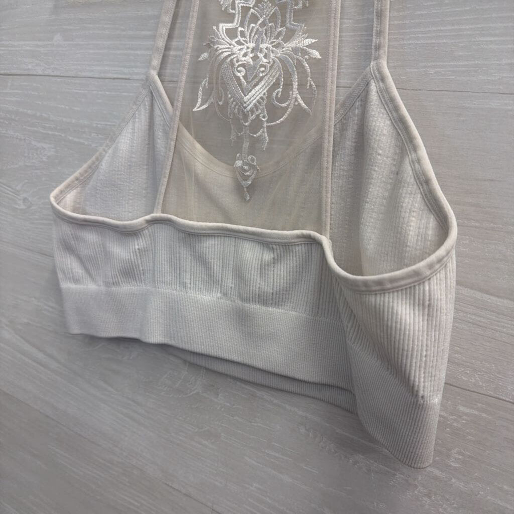 White Ribbed Embroidered Back Bralette Medium