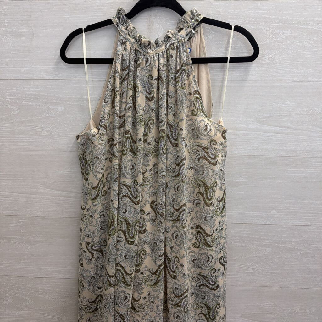 Davi and Dani Beige/ Green Paisley Print High Neck Wide Leg Jumpsuit Medium