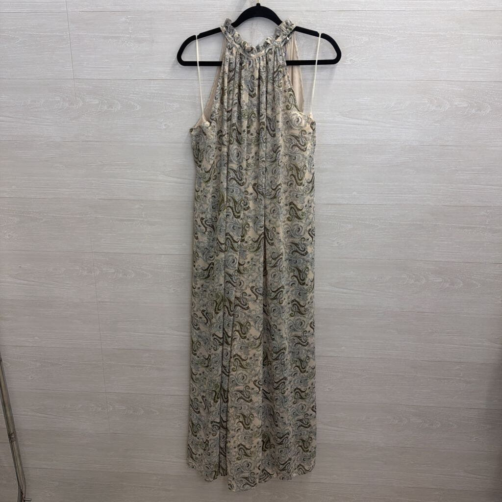 Davi and Dani Beige/ Green Paisley Print High Neck Wide Leg Jumpsuit Medium
