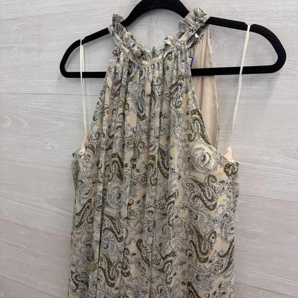Davi and Dani Beige/ Green Paisley Print High Neck Wide Leg Jumpsuit Medium