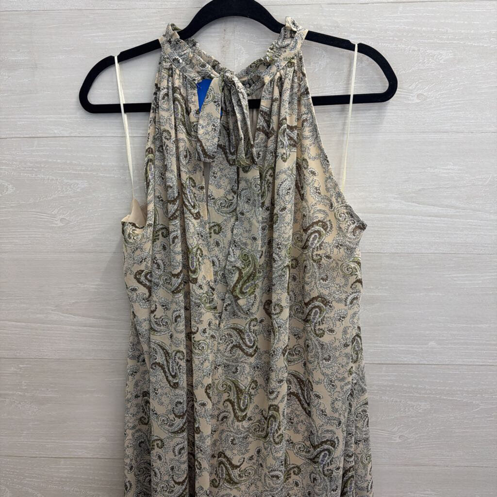 Davi and Dani Beige/ Green Paisley Print High Neck Wide Leg Jumpsuit Medium