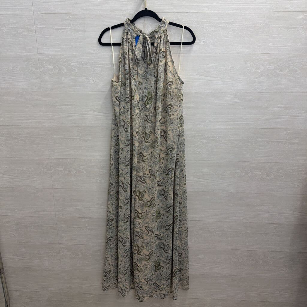Davi and Dani Beige/ Green Paisley Print High Neck Wide Leg Jumpsuit Medium