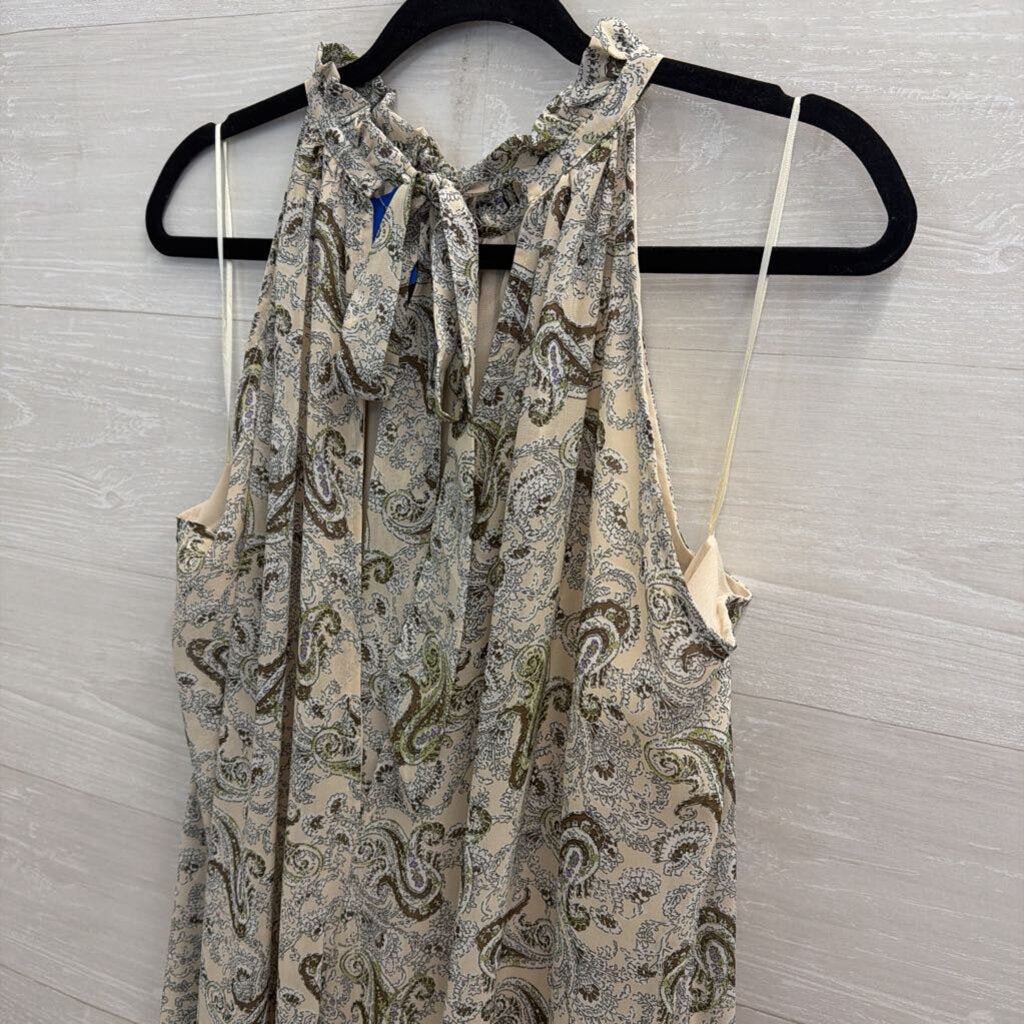 Davi and Dani Beige/ Green Paisley Print High Neck Wide Leg Jumpsuit Medium