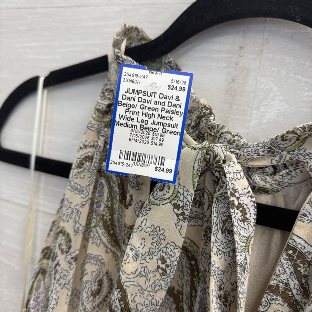 Davi and Dani Beige/ Green Paisley Print High Neck Wide Leg Jumpsuit Medium