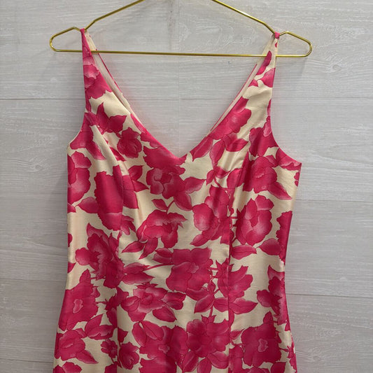 Ann Taylor Cream/ Pink Floral Print 100% Silk Sleeveless Dress 8