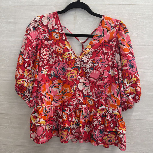 Jade Red/ Multi Floral Print Short Puff Sleeve Top Medium