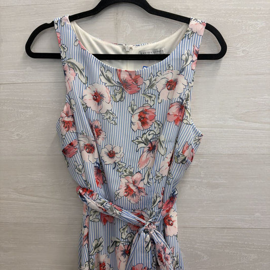 Sandra Darren Blue Striped Floral Print Tie Waist Dress 8