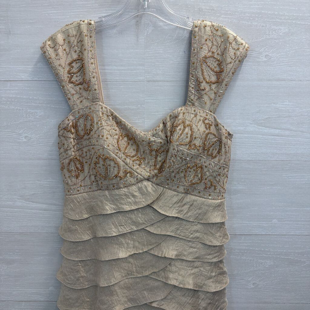 Ignite Evenings Gold Beaded Top Tiered Long Formal Dress 8