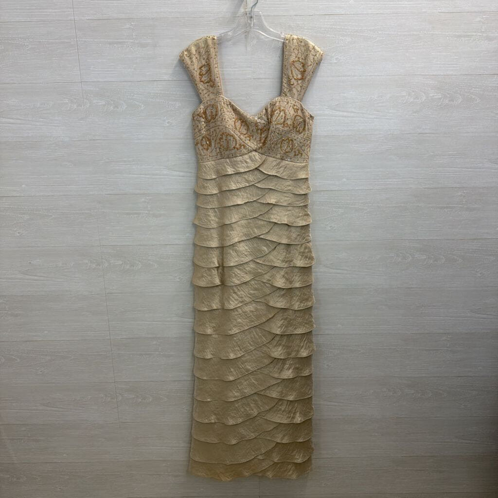 Ignite Evenings Gold Beaded Top Tiered Long Formal Dress 8