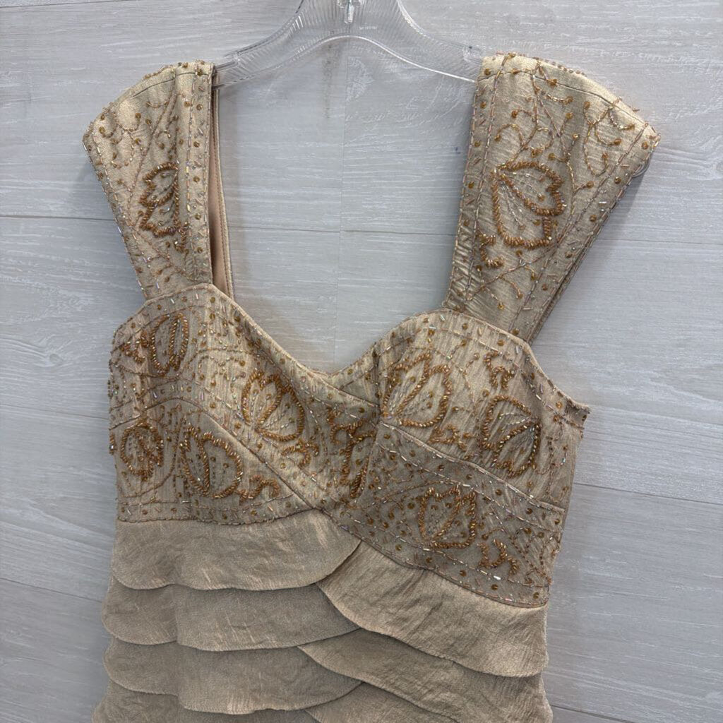 Ignite Evenings Gold Beaded Top Tiered Long Formal Dress 8
