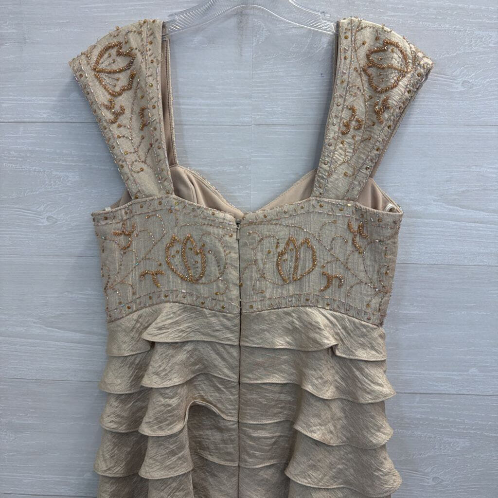 Ignite Evenings Gold Beaded Top Tiered Long Formal Dress 8