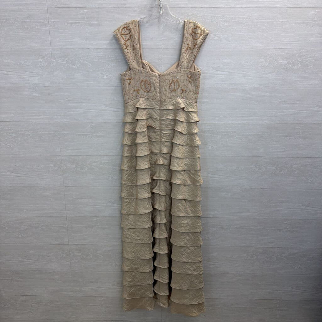 Ignite Evenings Gold Beaded Top Tiered Long Formal Dress 8