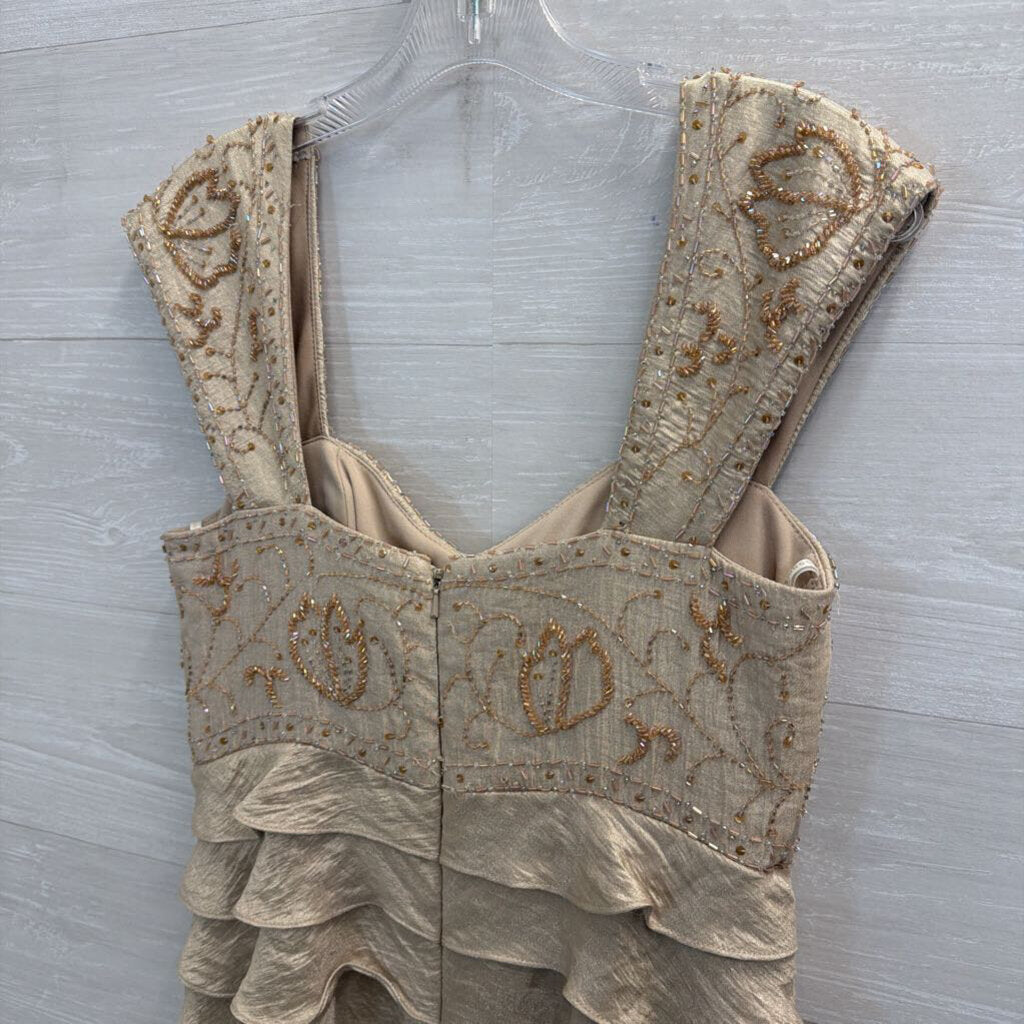 Ignite Evenings Gold Beaded Top Tiered Long Formal Dress 8