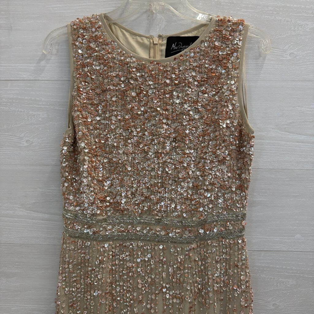 MacDuggal Beige/ Pink Beaded Sequin Sleeveless Midi Formal Dress 8