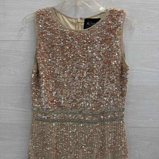 MacDuggal Beige/ Pink Beaded Sequin Sleeveless Midi Formal Dress 8