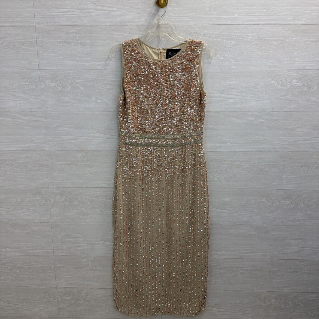 MacDuggal Beige/ Pink Beaded Sequin Sleeveless Midi Formal Dress 8