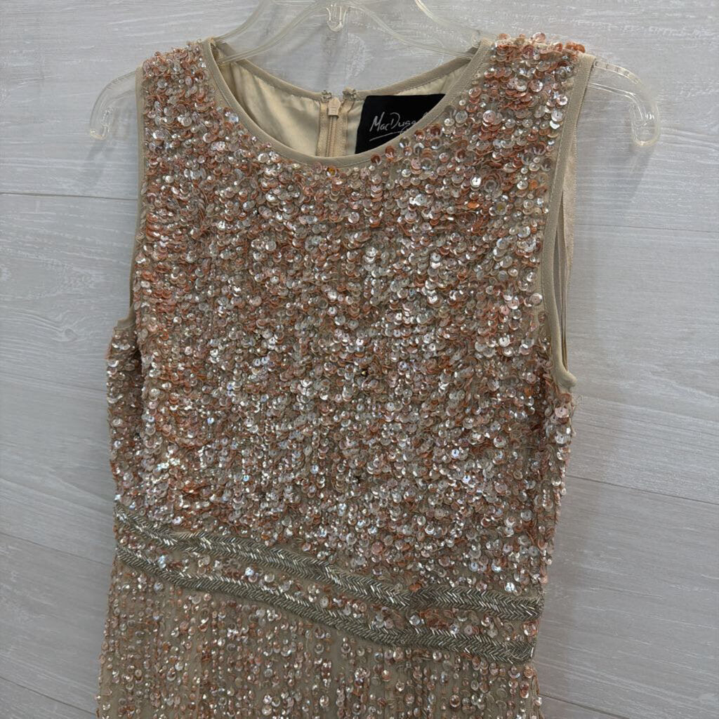 MacDuggal Beige/ Pink Beaded Sequin Sleeveless Midi Formal Dress 8